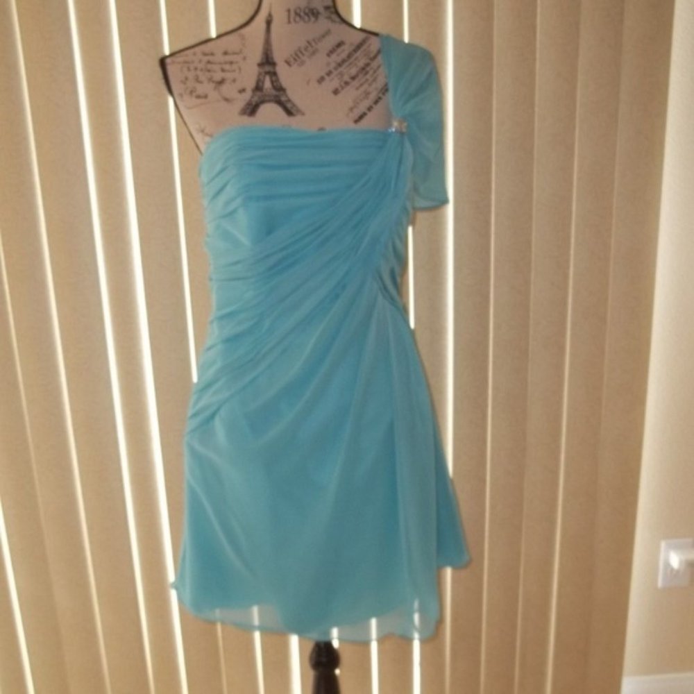 Stylish Pool Blue Chiffon One Shoulder Short Party Dress Size 8